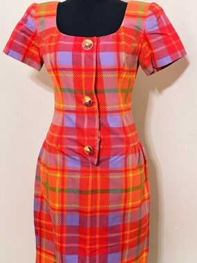 Vintage Oscar de la Renta Orange Plaid Midi Dress with Purple and Green Accents